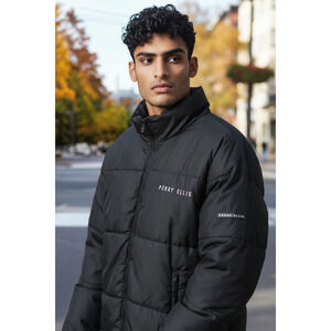 Men's Perry Ellis Signature Logo Bubble Puffer Bomber Jacket Black Size XXL